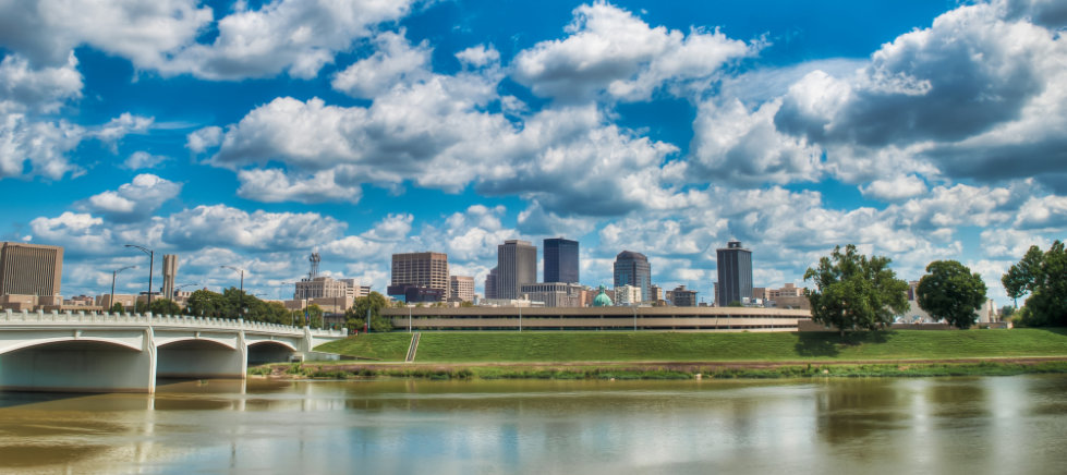 A look at downtown Dayton, Ohio skyline from across a river