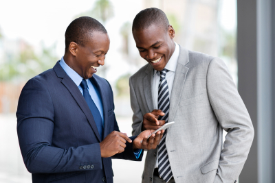 happy businessmen using smart phone